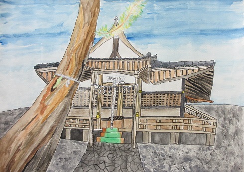 大きな瓦屋根、木造で格子状の扉が施された三光神社と御神木が描かれた柳 卓冶さんの水彩画の写真