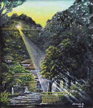 山の上から明るい光が下の家々と木々に差し込んでいる様子が描かれた青木 眞一さんのアクリル画の写真