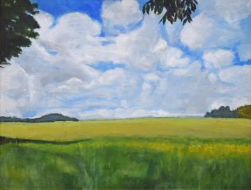 青空を覆い隠すほどの白い雲の下、遠くまで緑豊かな草原が広がっている景色が描かれた笠原 修子さんの油絵の写真