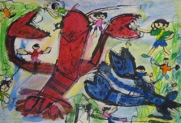 赤色と青色の大きなザリガニが子供たちと鬼ごっこをしている様子が描かれた後藤 優斗さんの作品