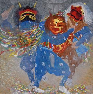 三頭の青い衣装の獅子舞が太鼓を叩きながら踊っている中谷 小雪さんの日本画の写真