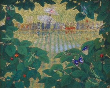 木々の葉に虫や蝶がとまっていて丸い空間から田んぼの中の万燈行列を覗いているように描かれた中谷 小雪さんの日本画の写真