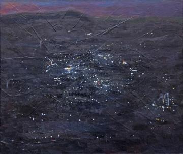 仙元山から見下ろした暗闇の街に明かりが灯る様子が描かれた丸山 幸男さんの水彩画の写真