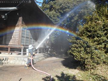 女性消防職員が神社境内の建物横にある木に向けて放水をおこない虹ができている写真