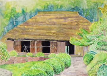 庭に手入れされた植木や木々がある茅葺屋根の古民家が描かれた粟生田 泉さんの水彩画の写真