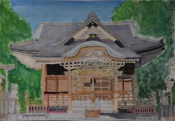 木々に囲まれた中央に建つ八宮神社を正面から描いた齋藤 千尋さんの水彩画の写真