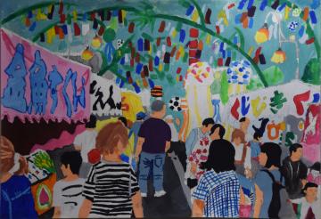 色とりどりの短冊と出店の間をたくさんの人たちが行きかう七夕まつりの様子が描かれた関根 颯大さんの水彩画の写真