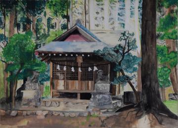 新緑の木々に囲まれた中央に建つ神社に光が差す様子が描かれた伊藤 花歌さんの水彩画の写真