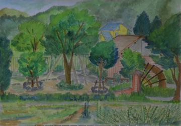 栃本親水公園の緑豊かな草木の景色と水車小屋が描かれた栢盛 大輔さんの水彩画の写真