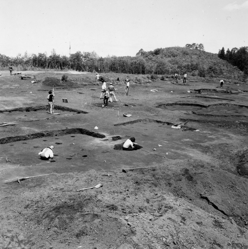 大勢の作業員が大小様々な形に掘られた穴に入り調査を行っている作業風景の写真