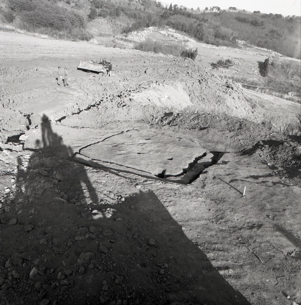 溝や穴が掘られた住居跡付近にブルドーザーが見える調査風景の写真