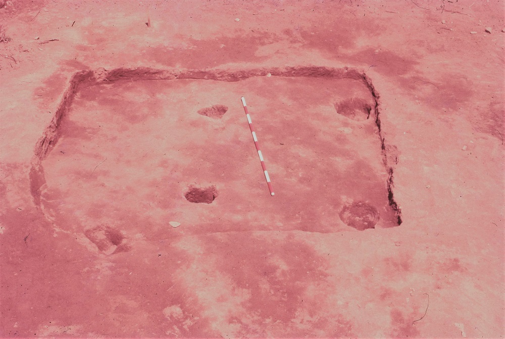 四角に掘られた溝の中に数か所の穴と長さを測るためか棒状のものが置かれている住居跡の写真