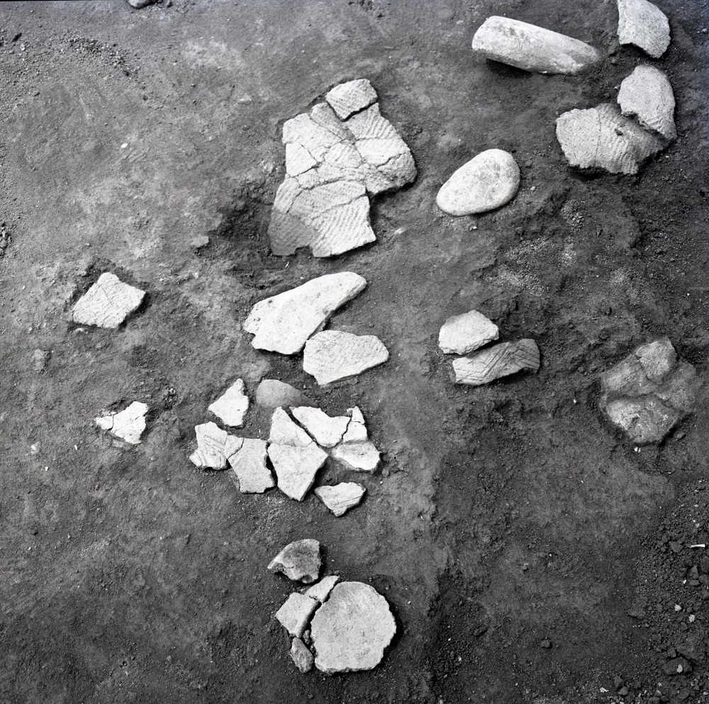 波模様のようなものが入っている大小様々な形をしている土器の写真