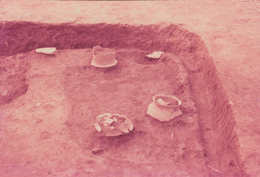 溝が掘られた内側の場所に底の部分や縁の部分など所々が欠けた様子で出土された複数の土器の写真