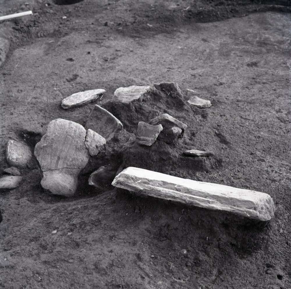 棒状のものや大小様々な大きさの土器の一部が出土された写真