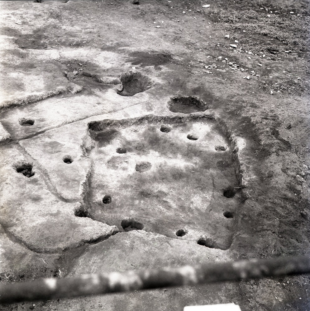 土が掘り起こされ、遺跡の跡が形どられて、所々に大小の穴や溝がある住居跡の写真