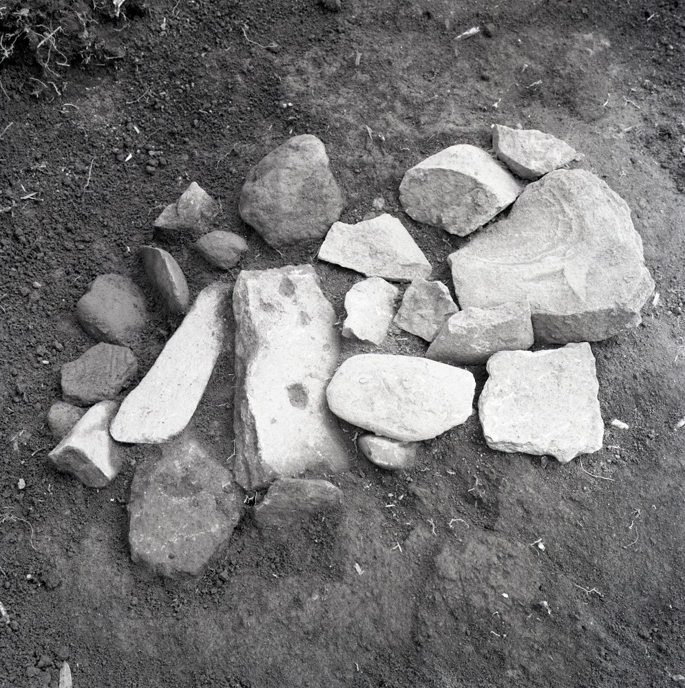 出土された大小様々な大きさをした複数の石皿の写真