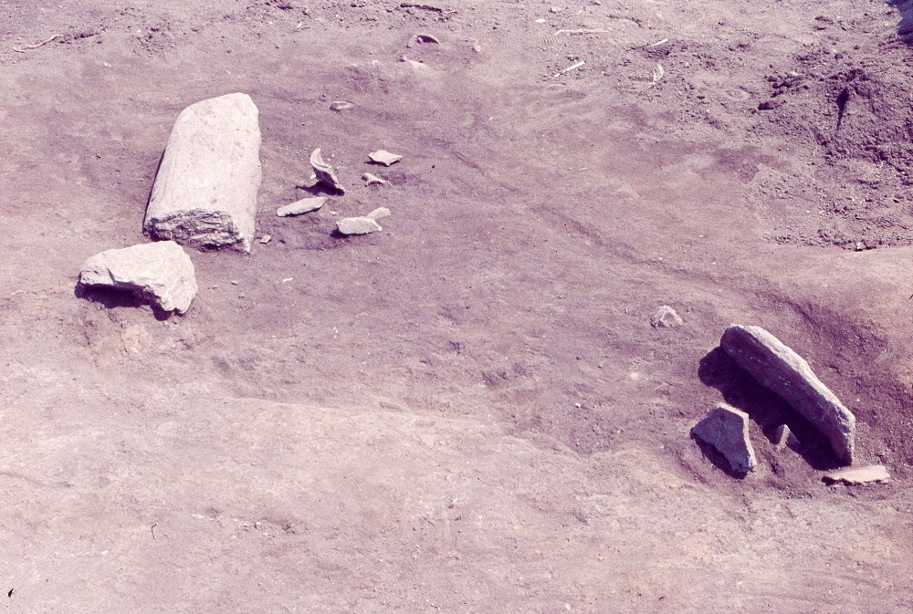 長方形の形をした石の周りに小さな石の欠片が出土されており、同じように少し離れた位置に長方形の石と欠片が出土されている写真