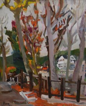 落ち葉の散る街路樹の間から奥に家々が見える様子が描かれた曽根 カナヱさんの油絵の写真
