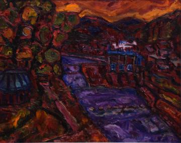 暗い赤色の色彩で中央を濃い青色の川が流れている様子の栃本堰が描かれた瀧川 佳秀さんの油絵の写真