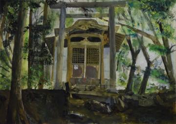 木漏れ日の中、笠山神社と鳥居を手前階段から見上げるように描かれた山崎 良太さんの水彩画の写真