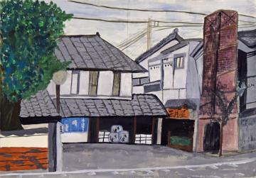 大きな木と茶色の四角い塔の間に建つ晴雲酒造が描かれた磯田 一哲さんの水彩画の写真