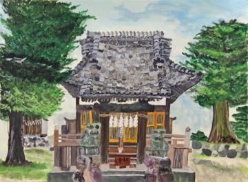 大きな木の間に建つ八幡神社と一対の狛犬が正面から描かれた阿部 陸人さんの水彩画の写真