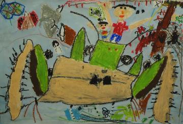 触覚があり両足が曲がっている昆虫が用紙いっぱいに描かれ、蝶々やカブトムシなどが飛んでいる様子を父親と見て喜んでいる様子を描いた岡部 稜平さんの作品