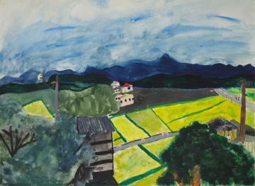 山並みの麓に民家が立ち田畑が広がる風景を高台から描いた川端 愛依さんの作品