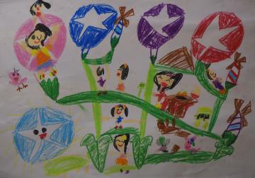 水色の朝顔に目と口が描かれ、ハート型の葉や4色の朝顔の周りに6名の女の子が描かれた内田 和花さんの作品