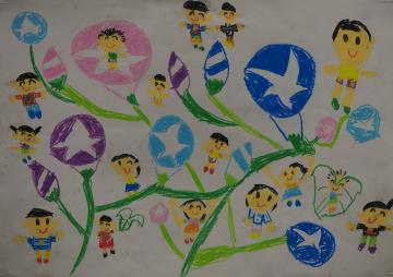 蕾を持った朝顔や水色や紫色など4色の朝顔の花が開き、周りに15名の男の子や女の子が描かれている森 名実子さんの作品