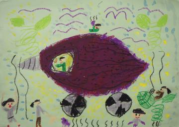 紫色のサツマイモの先に螺旋状のドリルに車輪がつき、緑色の服を着た子供が運転している様子を4名の子供が見ている様子を描いた松村 莉玖さんの作品