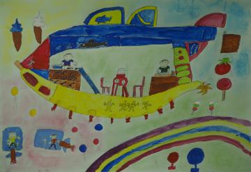 7色の虹が出ている周囲にソフトクリームなどの食べ物が浮き、大きなバナナの乗り物が描かれた大嶋 桜良さんの作品