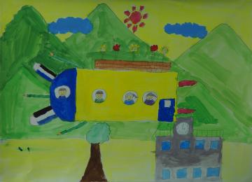 太陽や雲が浮き山並みの麓に時計の針が3時を示した学校や大きな木が描かれ、地上を青と黄色のロケットが飛んでいる様子を描いた清水 大悟さんの作品