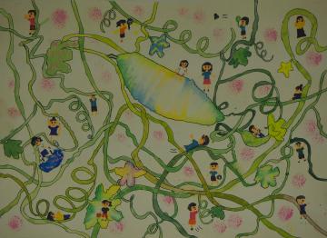 螺旋状になったツルの周りを沢山の子供が描かれ、中央に大きなゴーヤが描かれた菊池 葵さんの作品