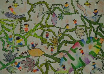 螺旋状に伸びたつるの間に沢山の子供たちが描かれ、右下にカラフルな大きなゴーヤが描かれている塚越 萌空さんの作品