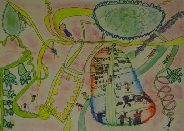 くねくね曲がったつるに子供がぶら下がったり、大きなゴーヤの中に沢山の部屋が作られている様子を描いた松本 悠太さんの作品