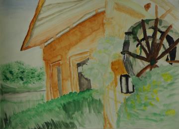 木々に囲まれた敷地内に立つ水車小屋を描いた都築 勇純さんの作品