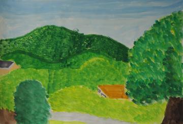 麓に2棟の建物や大きな木が立つ緑豊かな山を描いた保泉 愛莉さんの作品