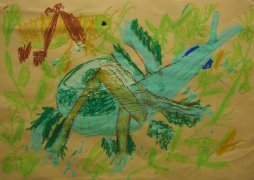 草むらの中にいる2匹のバッタを大きく描いた高田 輝さんの作品