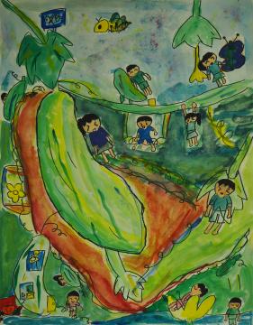 周囲に沢山の子供たちや蝶々に黄色の花が描かれ、左に大きくヘチマが描かれている田嶋 琴音さんの作品