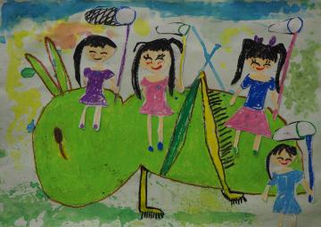 虫取り網を持った女の子が端に立ち、3名の女の子が大きな昆虫の上に乗っている新井 珠理恵さんの作品