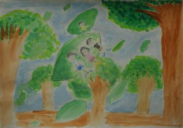 散っている葉っぱの前に3名の子供が描かれ、5本の大きな木を全体に描いた渡辺 灯さんの作品