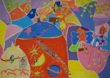 星の形をつなげて「CANDY」の文字が書かれ、オレンジやピンク色などのカラフルな色でキャンディの山を描いた高瀬 朱奈葉さんの作品