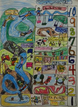 温泉公園や図書館公園などの様々な公園があるマンション公園があり、10階のくねくねすべり台から山やベンチに洞窟を通って屋外プールに落ちて遊んでいる子供たちを描いた小林 匠さんの作品