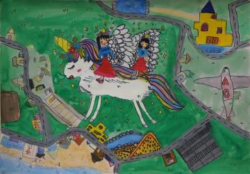 飛行機や建物が小さく見える上空まで上がったカラフルな色の鬣や尻尾を持ったユニコーンの背に二人の女の子が乗っている様子を描いた渡部 笑花さんの作品