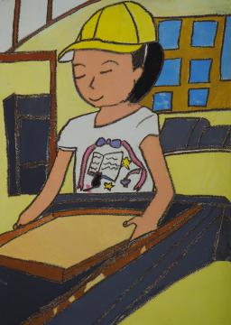 黄色の帽子を被った女の子が楽しそうに紙すき体験を行っている様子を大きく描いた増本 萌香さんの作品