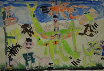 3名の子供が立っている周囲にバッタなどの沢山の虫が大きく描かれている中山 陽輝さんの作品