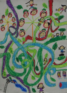 子どもの顔が書かれた2つの観覧車があり、くねくね曲がった赤や緑色の茎の周りを子供たちが遊んでいる様子を描いた中嶋 心香さんの作品
