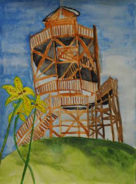 左側に黄色の花が3本立ち、丘の上に立つ展望台が大きく描かれた鈴木 竜生さんの作品